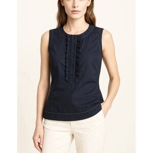Tory Burch Navy Blue Sleeveless Ruffle Blouse Size 6 Cotton Green Stitching